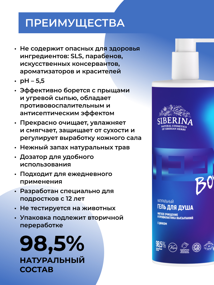 Гель для душа «мягкое очищение и профилактика высыпаний» с цинком  GEL(17)-SIB - купить в интернет-магазине Siberina.ru в Москве